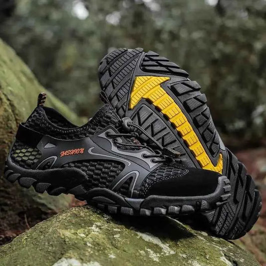 Black waterproof river trekking shoes by Mead's Supply & Equipment Outfitters, non-slip hiking and wading footwear, size 47.