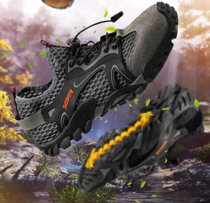 Black waterproof river trekking shoes by Mead's Supply & Equipment Outfitters, non-slip hiking and wading footwear, size 47.
