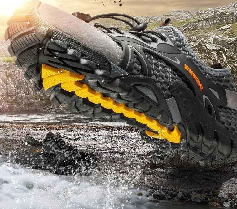 Black waterproof river trekking shoes by Mead's Supply & Equipment Outfitters, featuring non-slip soles for hiking and wading.