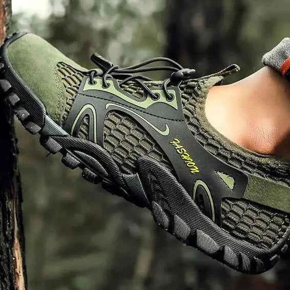 Black waterproof river trekking shoes by Mead's Supply & Equipment Outfitters, non-slip hiking and wading footwear in size 47.