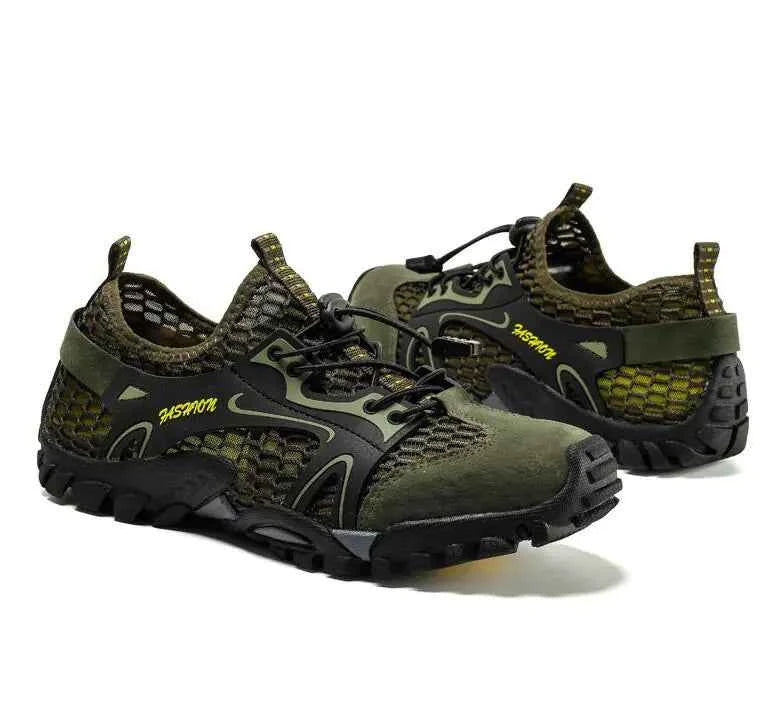 Black waterproof river trekking shoes by Mead's Supply & Equipment Outfitters, featuring non-slip soles for hiking and wading.
