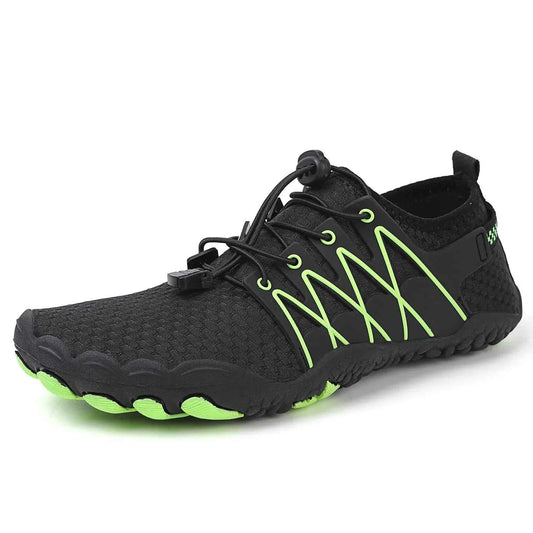 Unisex outdoor water shoes in black and green by Mead's Supply & Equipment Outfitters, designed for quick-dry hiking and swimming.