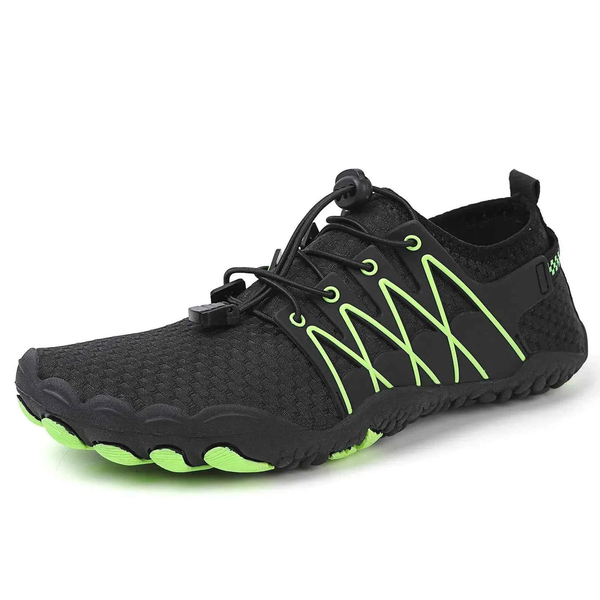Unisex outdoor water shoes in black and green by Mead's Supply & Equipment Outfitters, quick-dry hiking and swimming footwear, size 46.