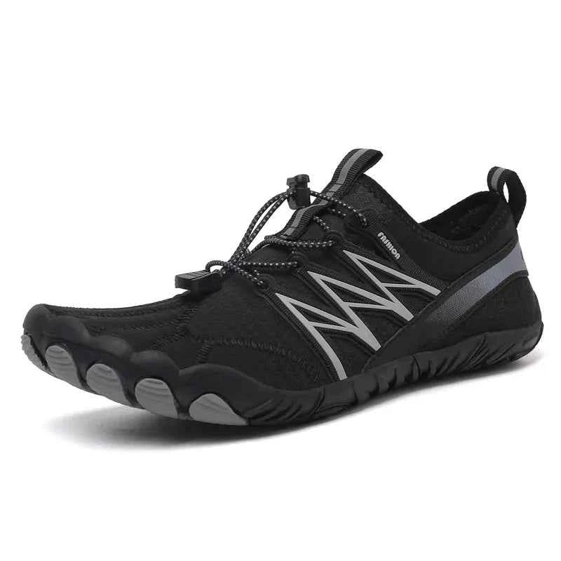 Black and green unisex outdoor water shoes by Mead's Supply & Equipment Outfitters, designed for quick-dry hiking and swimming.