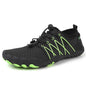 Unisex outdoor water shoes in black and green by Mead's Supply & Equipment Outfitters, quick-dry hiking and swimming footwear.
