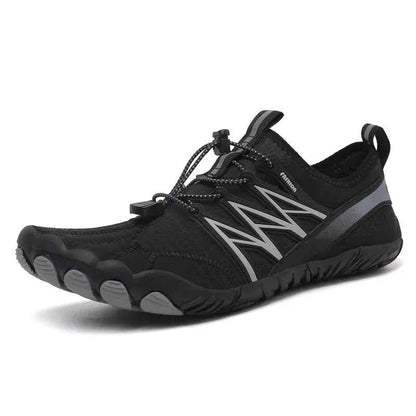 Black and green unisex outdoor water shoes by Mead's Supply & Equipment Outfitters, designed for quick-dry hiking and swimming.