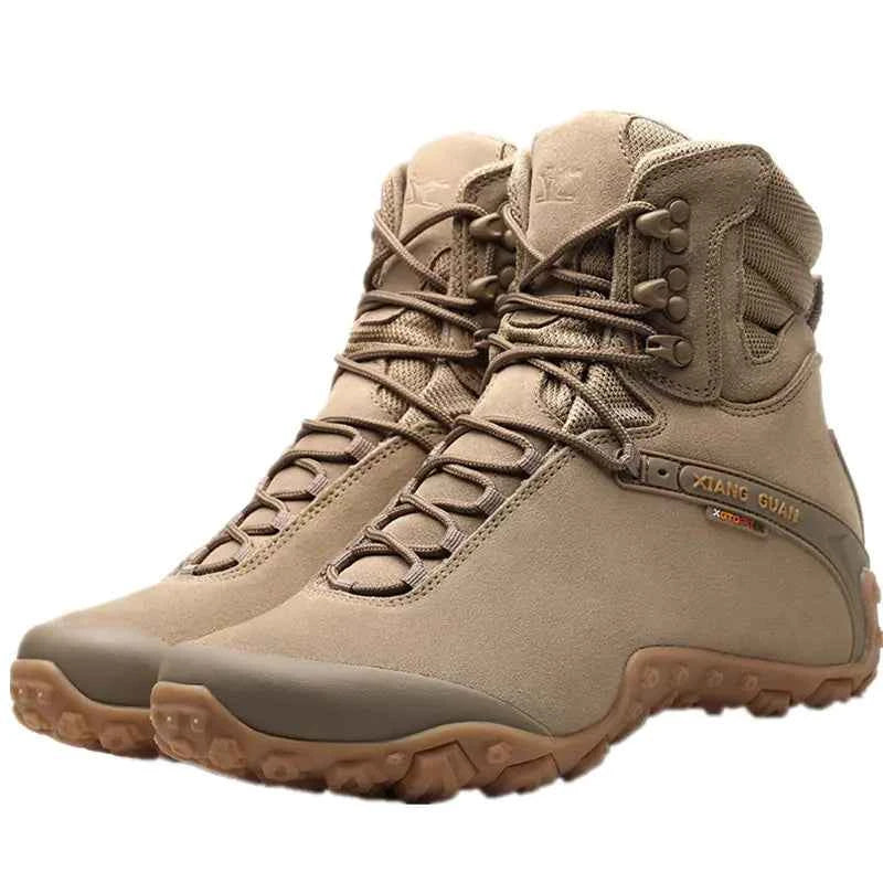Women's waterproof hiking boots and lightweight climbing shoes in black, featuring rugged soles and supportive ankle design.