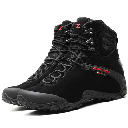 Women's waterproof hiking boots by Mead's Supply & Equipment Outfitters, lightweight black climbing shoes with rugged soles.