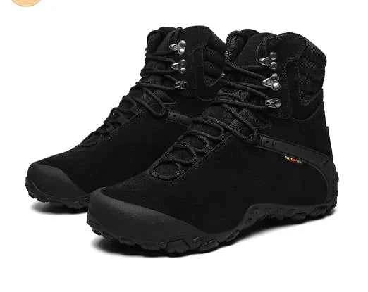 Women's waterproof hiking boots by Mead's Supply & Equipment Outfitters, lightweight climbing shoes in black with sturdy soles.