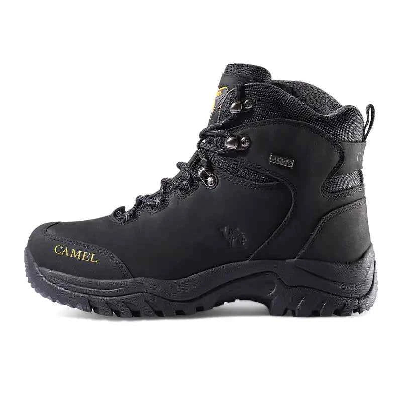 Waterproof high-top hiking boots in purple and coffee tones from Camel brand, designed for outdoor hiking and rugged terrain.