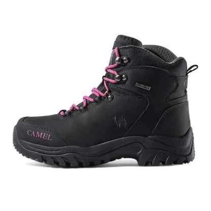 Waterproof high-top hiking boots in purple and coffee tones by Camel Brand, designed for outdoor adventures and durable trekking.