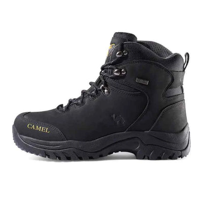Waterproof high-top hiking boots in purple and brown from Camel Brand, designed for durable outdoor footwear by Mead's Supply & Equipment.