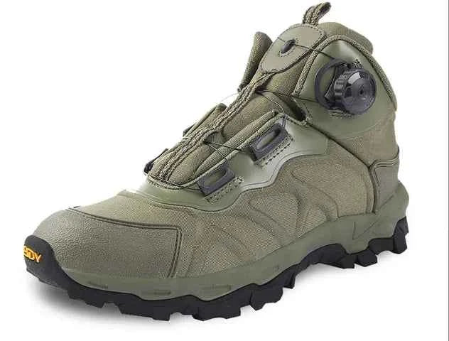 Green military tactical off-road trekking boots by Mead's Supply & Equipment, all-season ESDY Fast Reverse combat footwear for hiking.