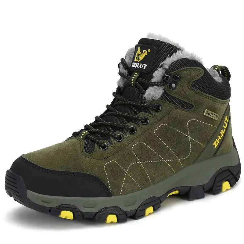 Green high-top cotton boots for couples, winter hiking footwear by Mead's Supply & Equipment Outfitters, designed for outdoor adventures.