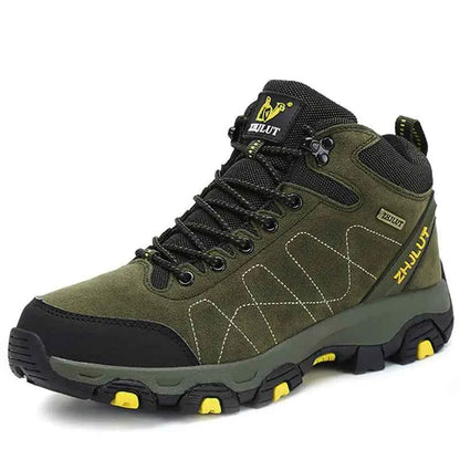 Green high-top cotton boots for couples, winter hiking footwear by Mead's Supply & Equipment Outfitters limited, shown on rugged terrain.