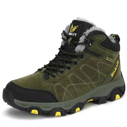 Green high-top cotton boots for couples, winter hiking shoes by Mead's Supply & Equipment Outfitters, showing durable footwear design.