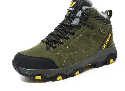 Green high-top cotton boots for couples, winter hiking footwear by Mead's Supply & Equipment Outfitters, showing sturdy outdoor design