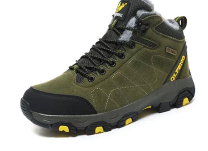 Green high-top cotton boots for couples, winter hiking footwear by Mead's Supply & Equipment Outfitters, showing sturdy outdoor design