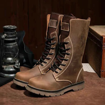 Men's waterproof leather Martin boots by Mead's Supply & Equipment Outfitters, khaki hiking and combat footwear with rugged design.