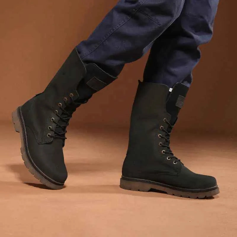 Men's waterproof leather Martin boots by Mead's Supply & Equipment Outfitters in khaki, suitable for hiking and combat use.