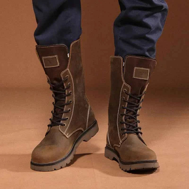 Men's waterproof leather Martin boots by Mead's Supply & Equipment Outfitters, khaki hiking and combat footwear with sturdy design.