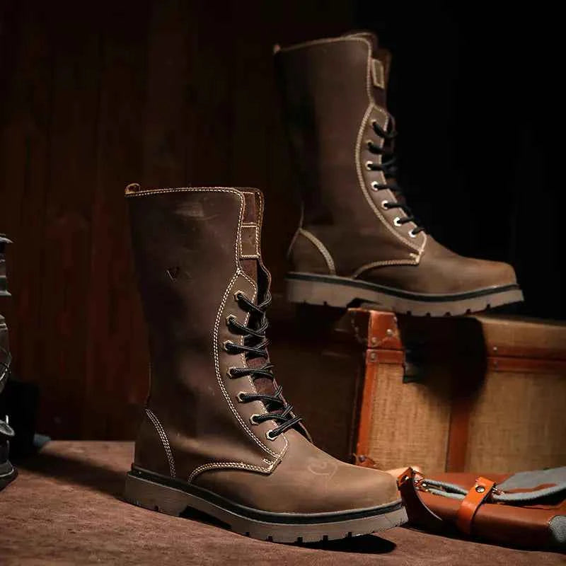 Men's waterproof leather Martin boots by Mead's Supply & Equipment Outfitters, khaki hiking and combat footwear with sturdy design.