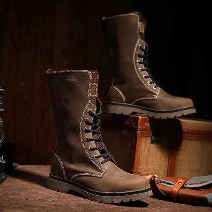 Men's waterproof leather Martin boots by Mead's Supply & Equipment Outfitters, khaki hiking and combat footwear with sturdy design.