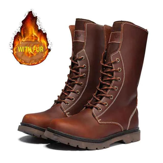 Men's waterproof leather Martin boots by Mead's Supply & Equipment Outfitters, khaki hiking and combat footwear with sturdy design.