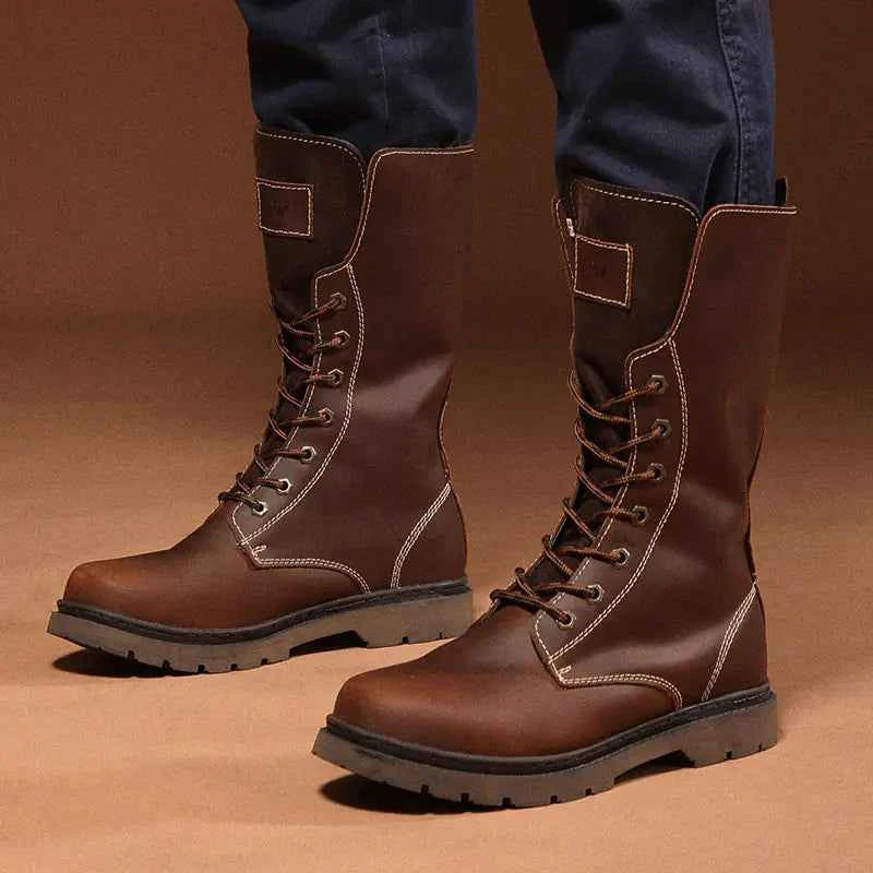 Men's waterproof leather Martin boots by Mead's Supply & Equipment Outfitters, khaki hiking and combat footwear, sturdy and durable.