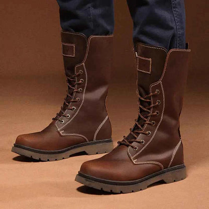 Men's waterproof leather Martin boots by Mead's Supply & Equipment Outfitters, khaki hiking and combat footwear, sturdy and durable.