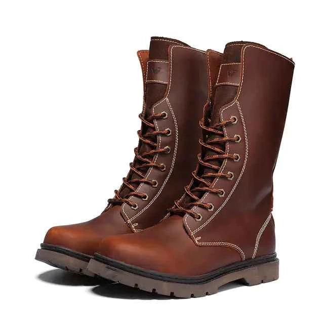 Men's waterproof leather Martin boots by Mead's Supply & Equipment Outfitters, khaki hiking and combat footwear, front view.
