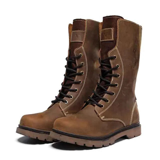Men's waterproof leather Martin boots by Mead's Supply & Equipment Outfitters, khaki hiking and combat footwear with rugged design.