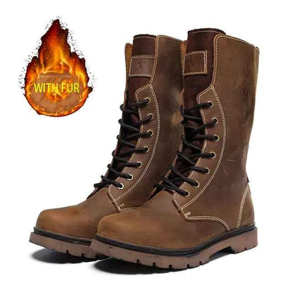 Men's waterproof leather Martin boots by Mead's Supply & Equipment Outfitters, khaki hiking and combat footwear with sturdy design