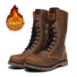 Men's waterproof leather Martin boots by Mead's Supply & Equipment Outfitters, khaki hiking and combat footwear with sturdy design.