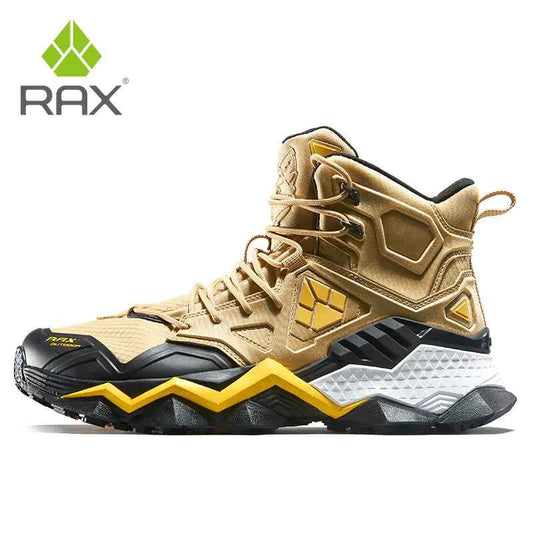 Khaki RAX waterproof men's winter hiking boots with high-top design and sturdy soles, made by Mead's Supply & Equipment Outfitters.