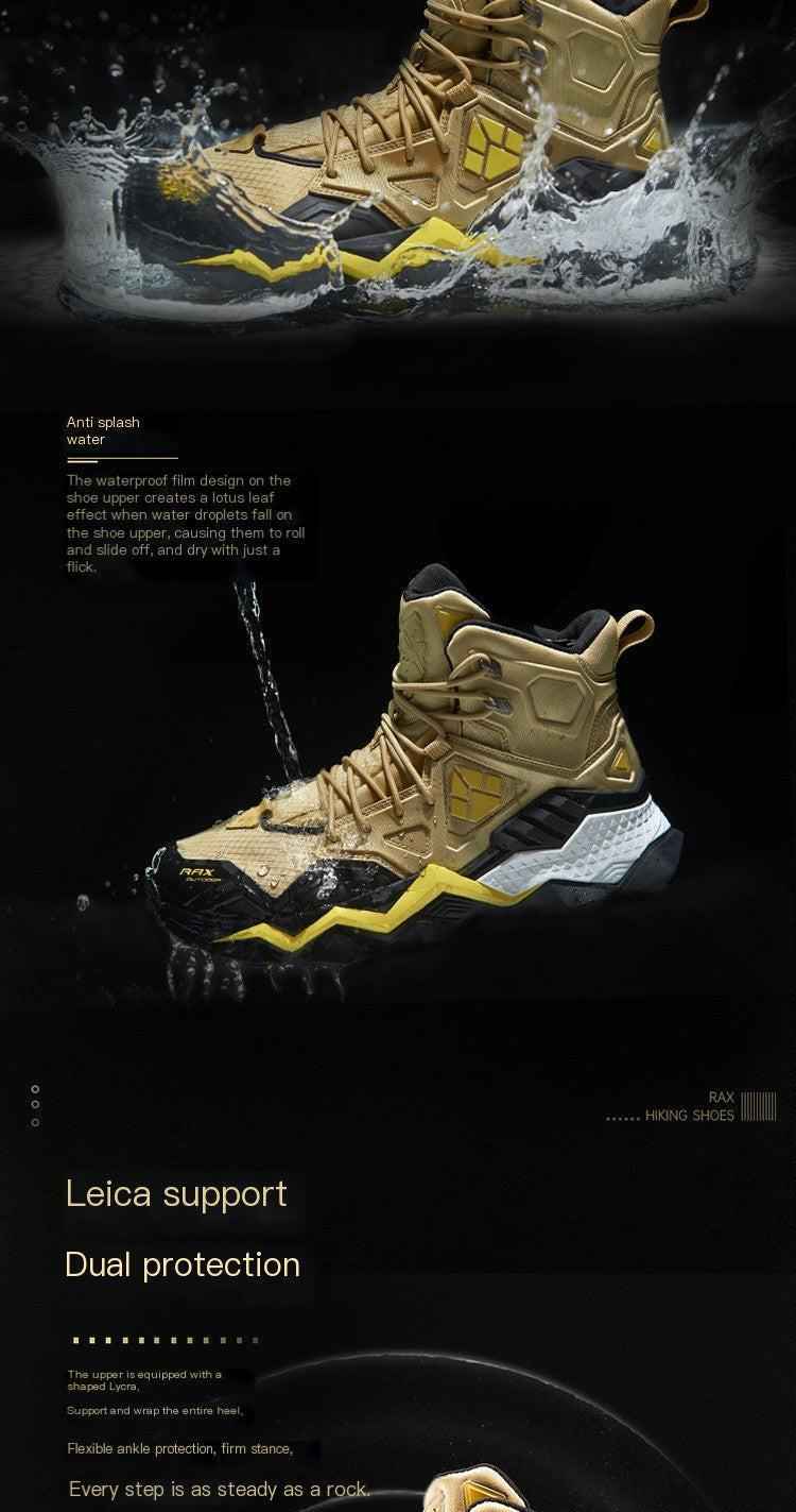 Khaki waterproof men's winter hiking boots by Mead's Supply & Equipment Outfitters, high-top, rugged sole, suitable for cold outdoor adventures.