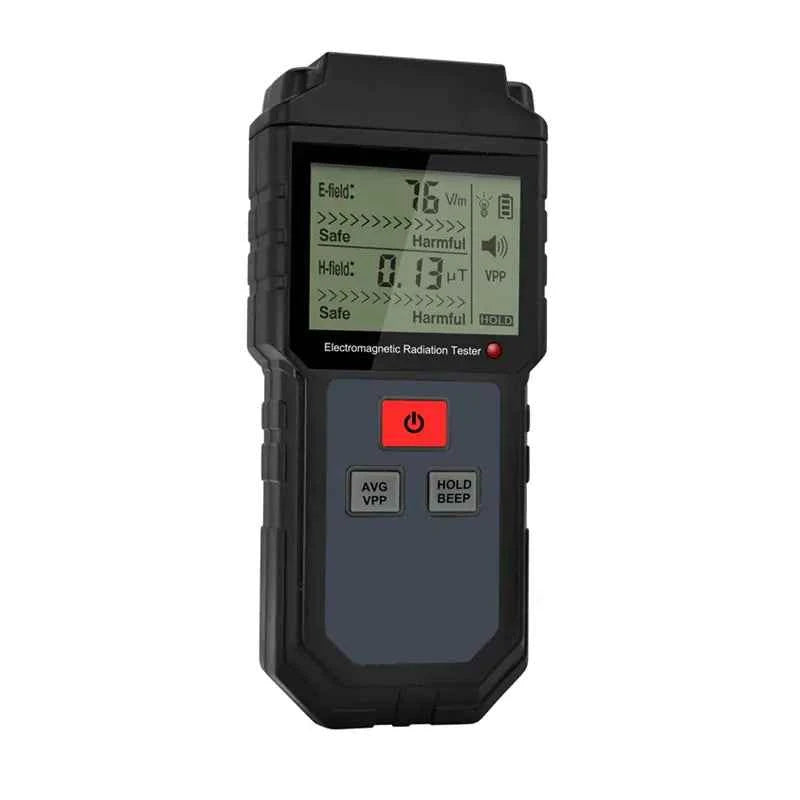 WinAPEX ET825 handheld EMF meter with LCD display and alarm, used for measuring electromagnetic radiation for health and safety.
