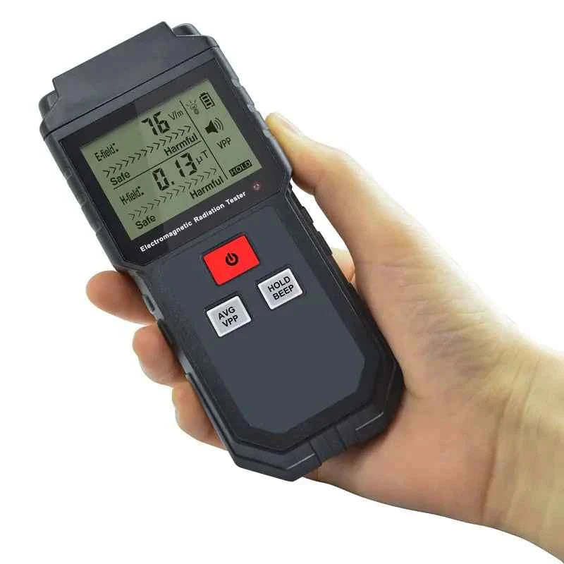 WinAPEX ET825 handheld EMF meter from Mead's Supply, with LCD display and alarm for electromagnetic radiation testing.