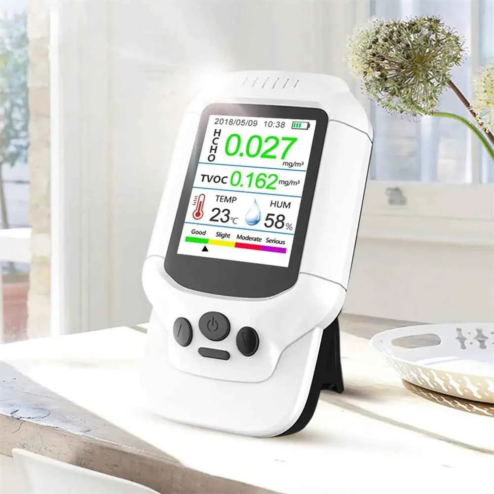 Mead's Supply & Equipment Professional air quality monitor with LCD display measuring PM2.5 and HCHO levels, health and safety device.