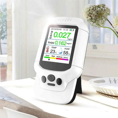 Mead's Supply & Equipment Professional air quality monitor with LCD display measuring PM2.5 and HCHO levels, health and safety device.