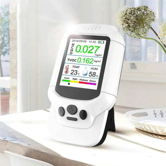 Mead's Supply & Equipment Professional air quality monitor with LCD display measuring PM2.5 and HCHO levels, health and safety device.