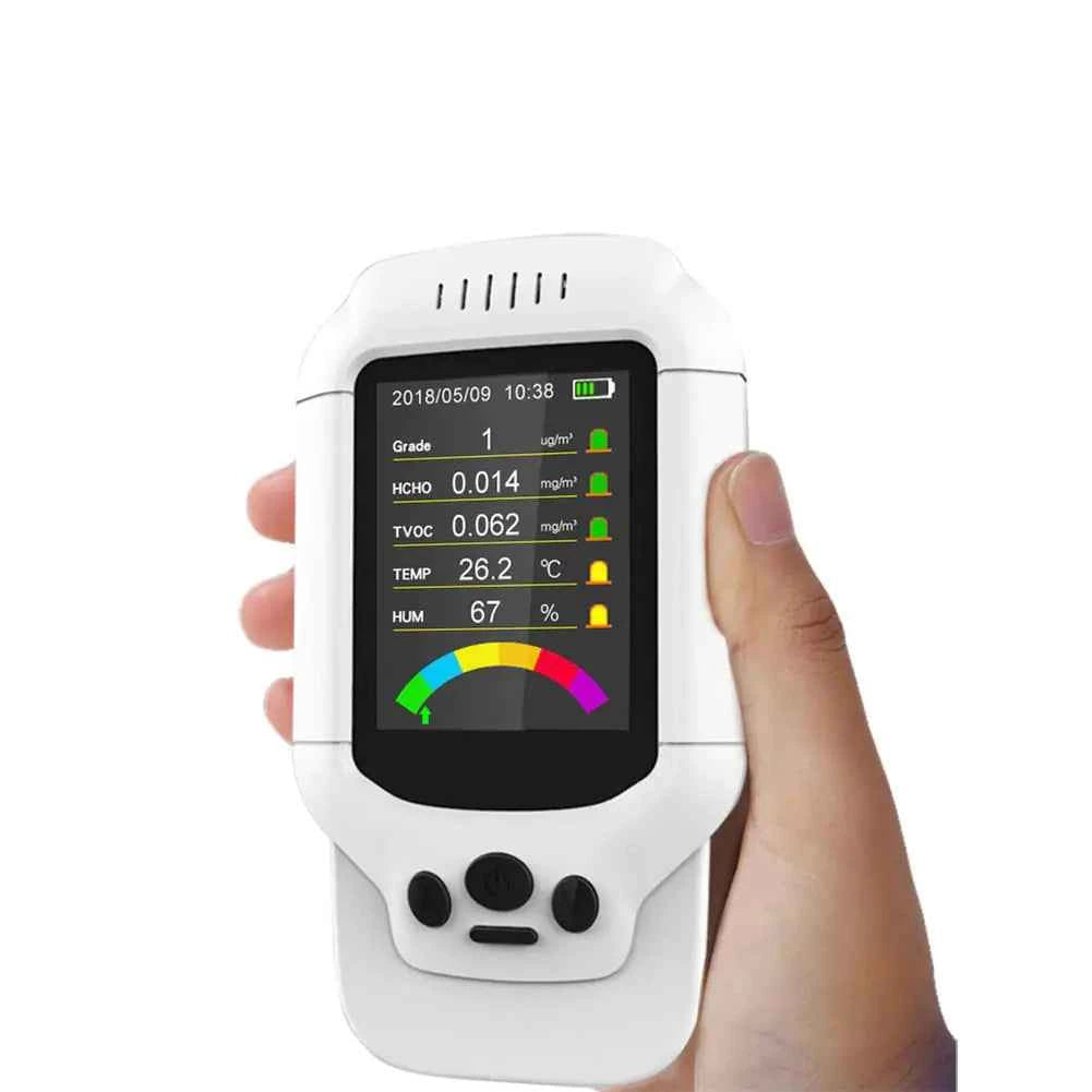 Mead's Supply Professional air quality monitor with LCD display, detects PM2.5 and HCHO for health and safety.