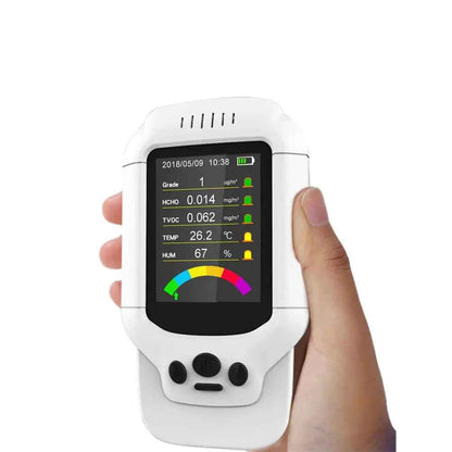 Mead's Supply Professional air quality monitor with LCD display, detects PM2.5 and HCHO for health and safety.
