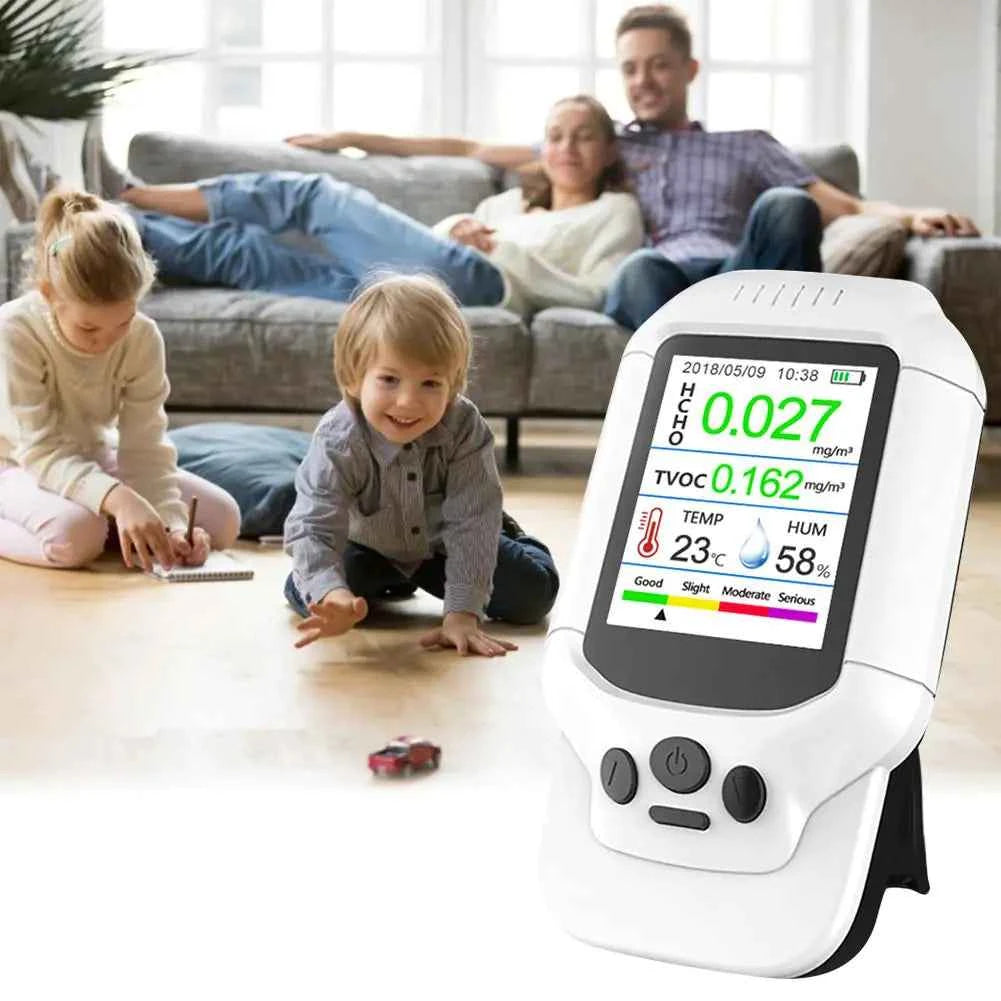 Professional air quality monitor by Mead's Supply detects PM2.5 and HCHO with LCD display, for health and safety monitoring.