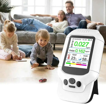 Professional air quality monitor by Mead's Supply detects PM2.5 and HCHO with LCD display, for health and safety monitoring.