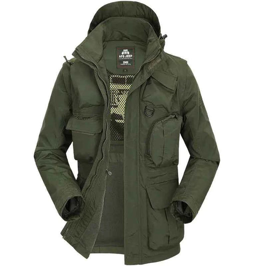 Men's tactical jacket with removable sleeves in army green by Mead's Supply & Equipment Outfitters, suitable for fall and winter.