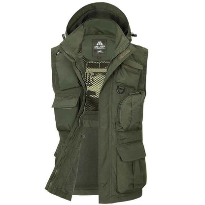 Men's tactical jacket by Mead's Supply & Equipment Outfitters in army green with removable sleeves, suitable for fall and winter.