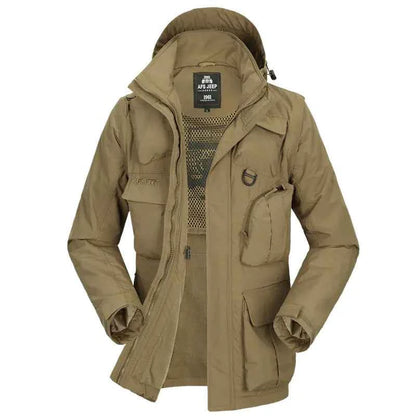 Men's tactical jacket with removable sleeves in army green by Mead's Supply & Equipment Outfitters, suitable for fall and winter.