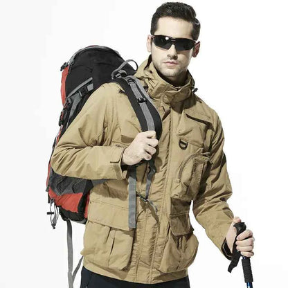 Men's tactical jacket with removable sleeves in army green, designed for fall and winter, by Mead's Supply & Equipment Outfitters.