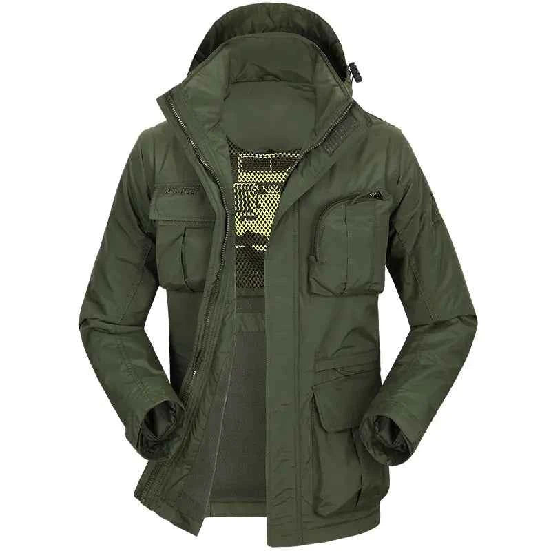 Men's tactical jacket by Mead's Supply & Equipment Outfitters in army green with removable sleeves, ideal for fall and winter outdoor wear.